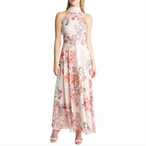Eliza J Floral Halter Neck Maxi Dress, Blush, size 0